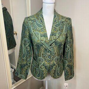 NWT Dressbarn Green & Blue Paisley Brocade Single Button Blazer, Size 10